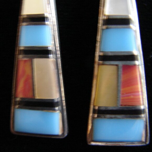 Zuni Turquoise Inlay Sterling Silver Dangle EARRINGS, Spiney Oyster, MOP D24 - Picture 4 of 9